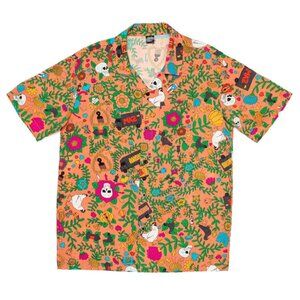 Roberto Lugo All Gender Floral Skulls Trucks Printed Rayon Button Down Shirt M